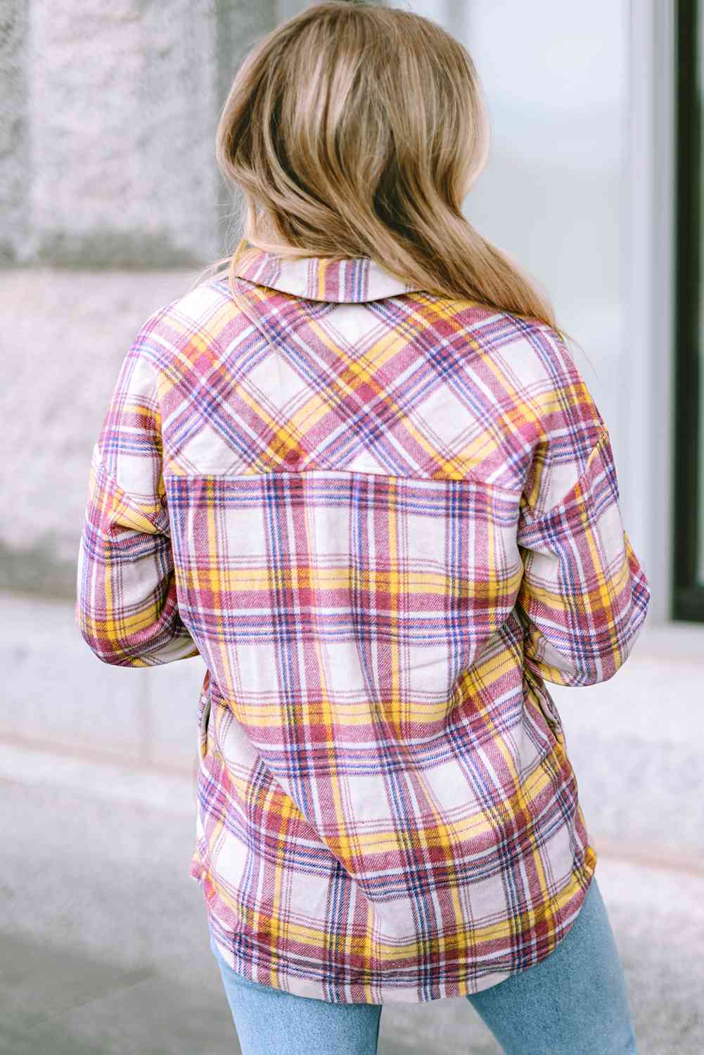 Plaid Button Down Collared Jacket BLUE ZONE PLANET