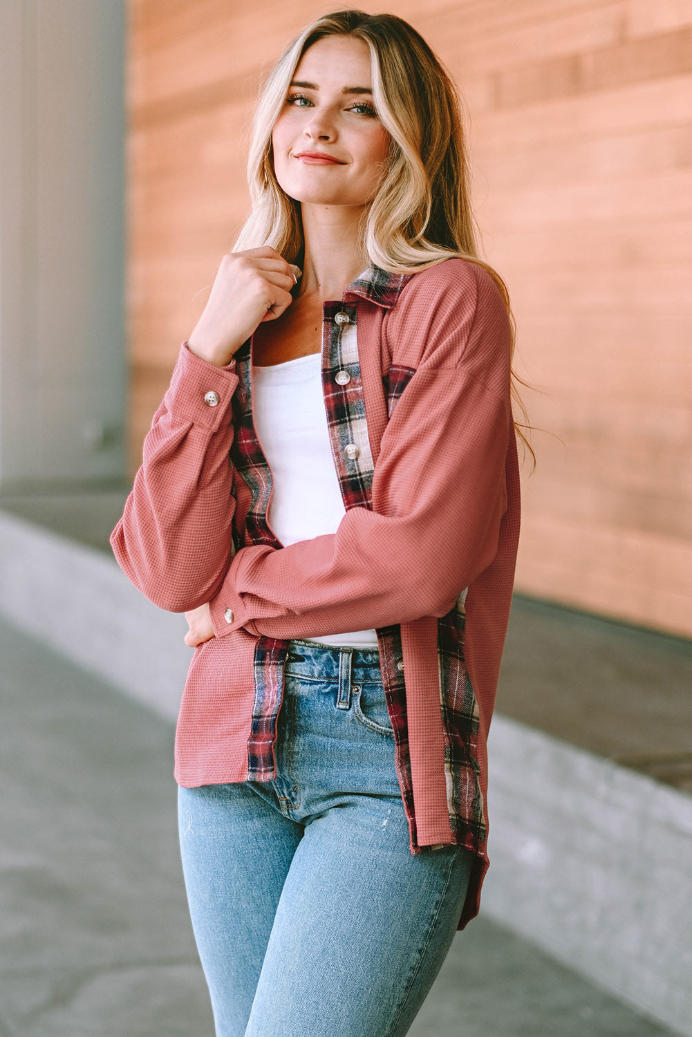 Plaid Button Down Collared Jacket BLUE ZONE PLANET