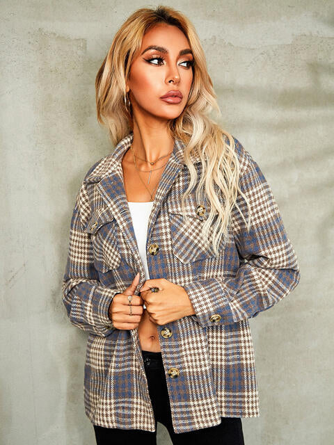 Plaid Button Down Collared Jacket BLUE ZONE PLANET