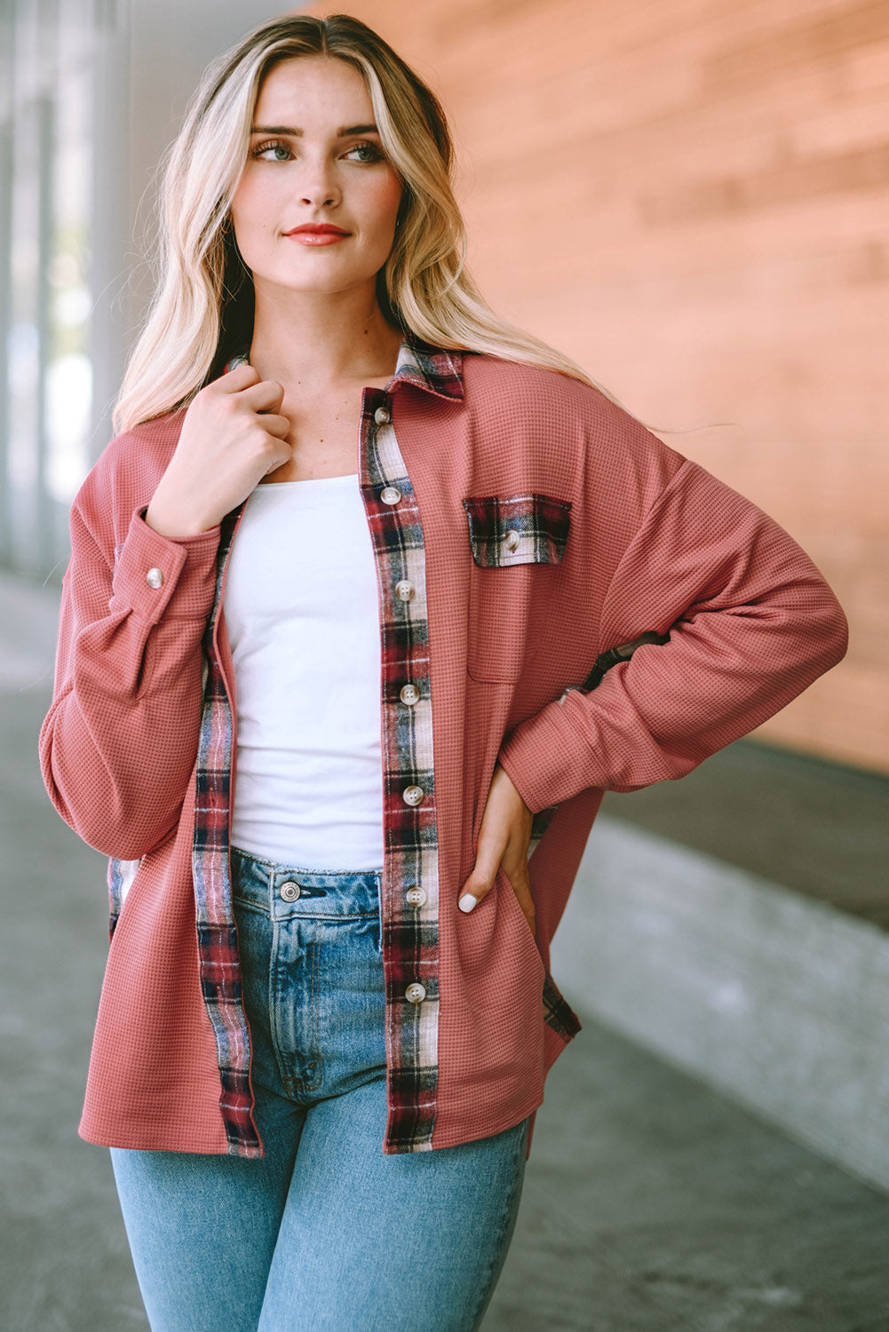 Plaid Button Down Collared Jacket BLUE ZONE PLANET