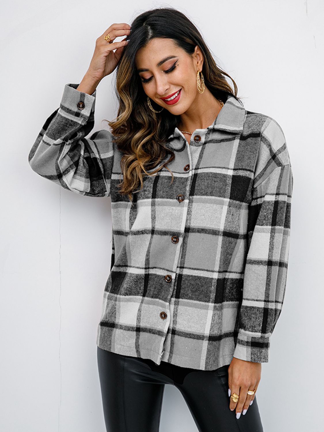 Plaid Button-Down Jacket BLUE ZONE PLANET