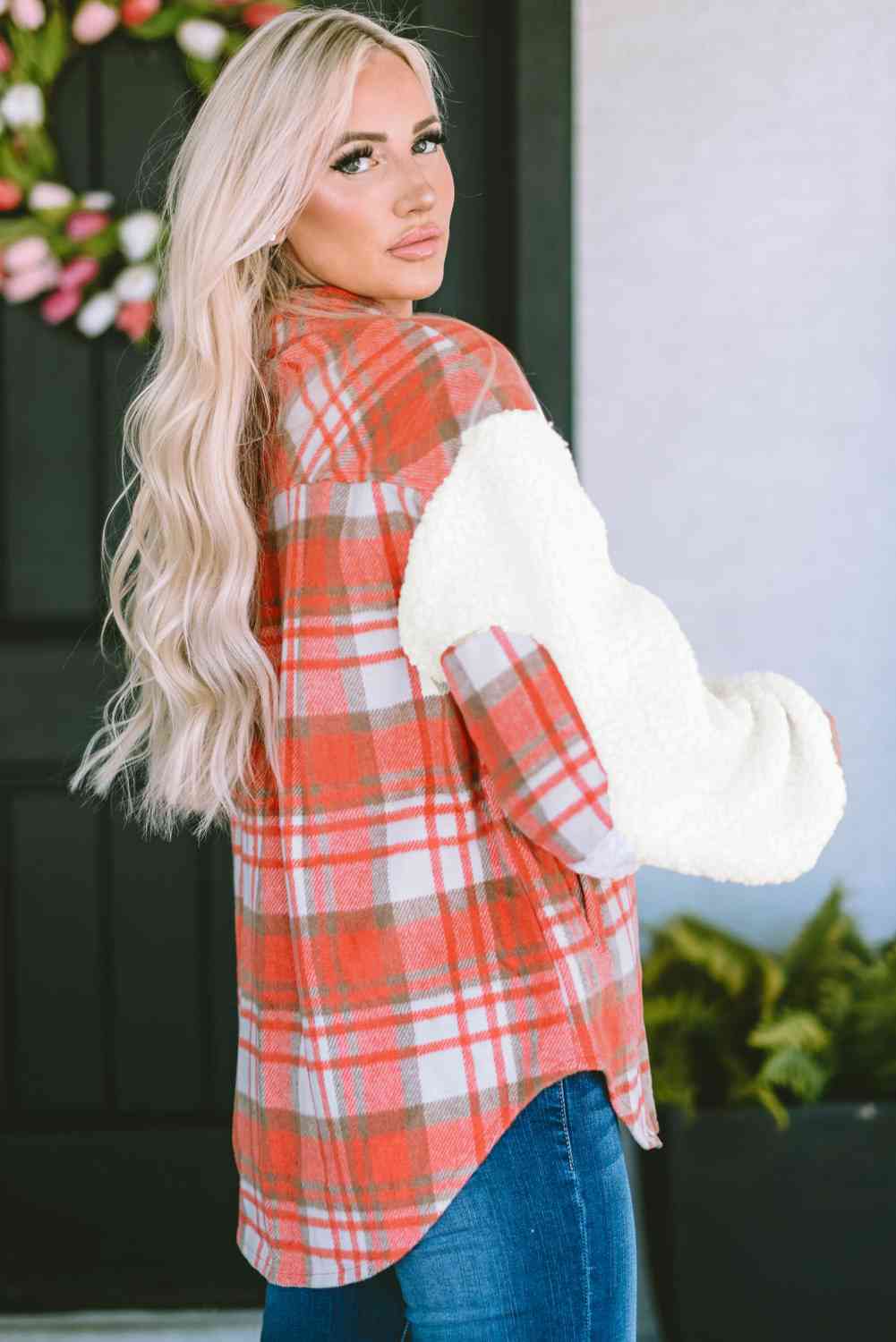 Plaid Button Down Jacket with Pockets BLUE ZONE PLANET