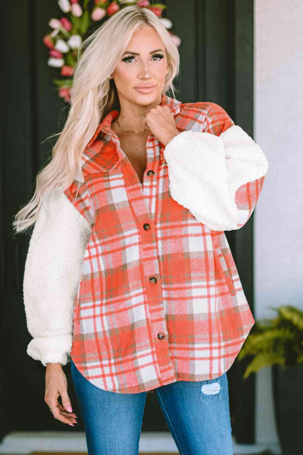 Plaid Button Down Jacket with Pockets BLUE ZONE PLANET