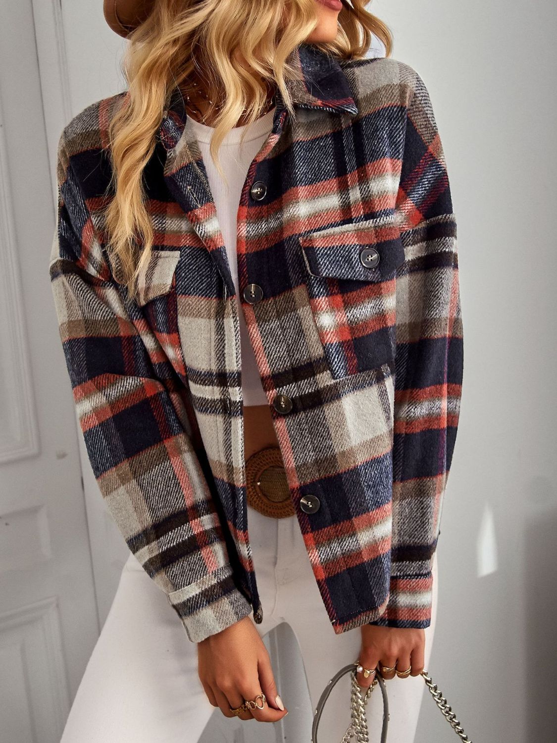 Plaid Button Front Brushed Shacket with Breast Pockets BLUE ZONE PLANET