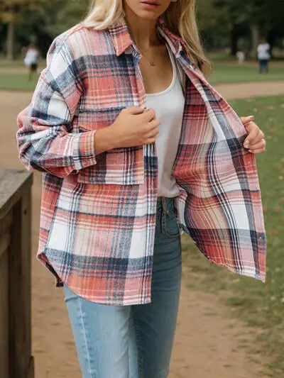 Plaid Button Up Dropped Shoulder Shirt Trendsi