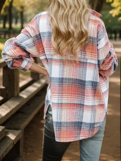 Plaid Button Up Dropped Shoulder Shirt Trendsi