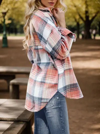 Plaid Button Up Dropped Shoulder Shirt Trendsi