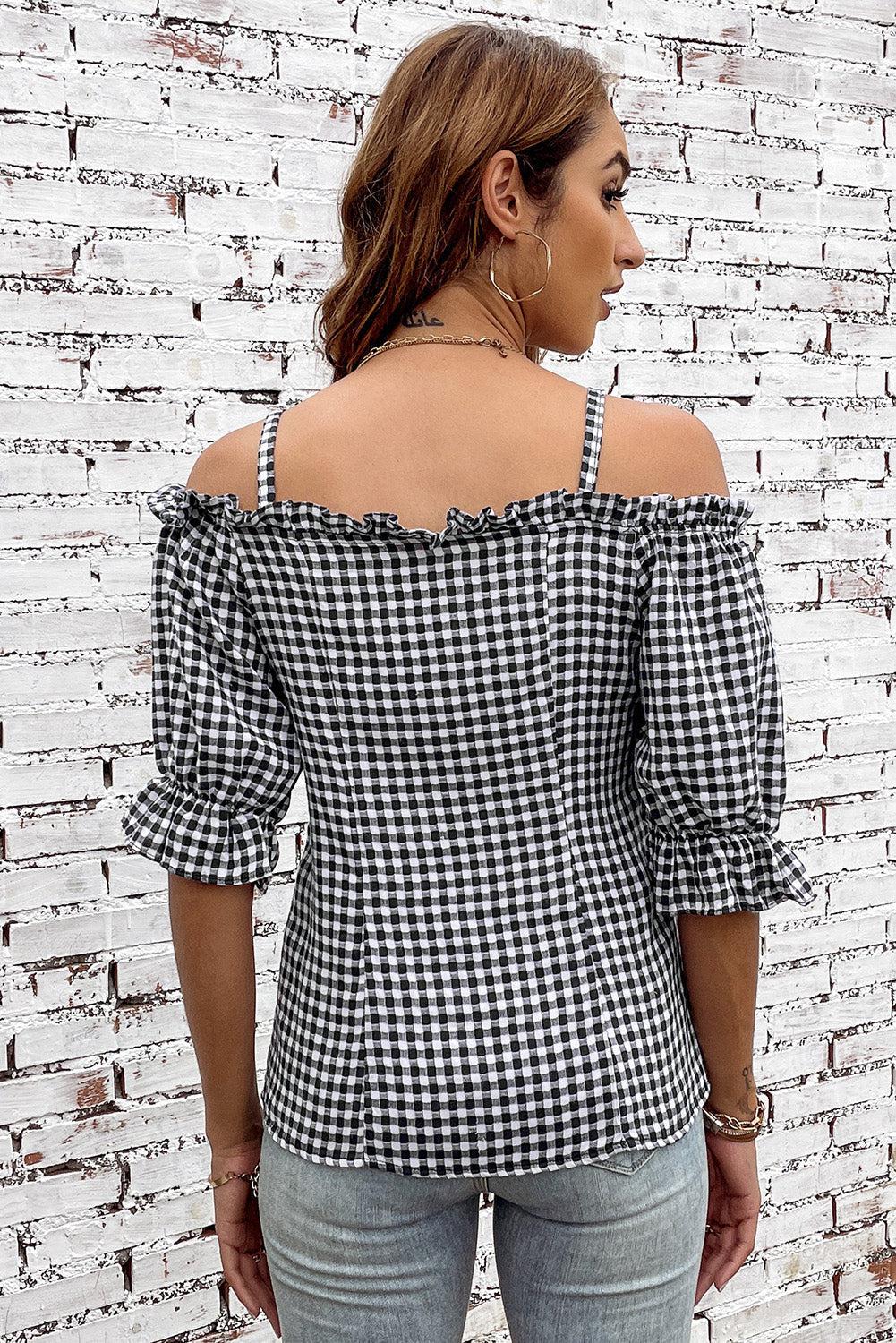 Plaid Buttoned Sweetheart Neck Cold-Shoulder Top BLUE ZONE PLANET
