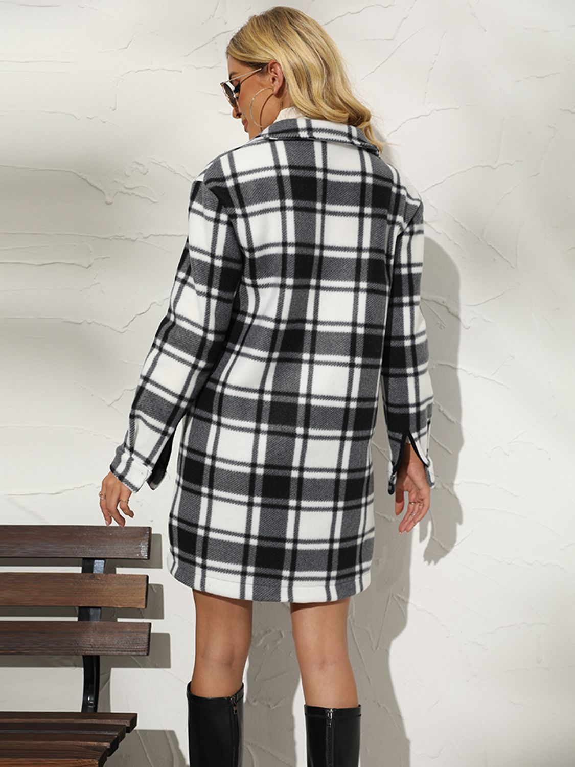 Plaid Collared Longline Coat BLUE ZONE PLANET