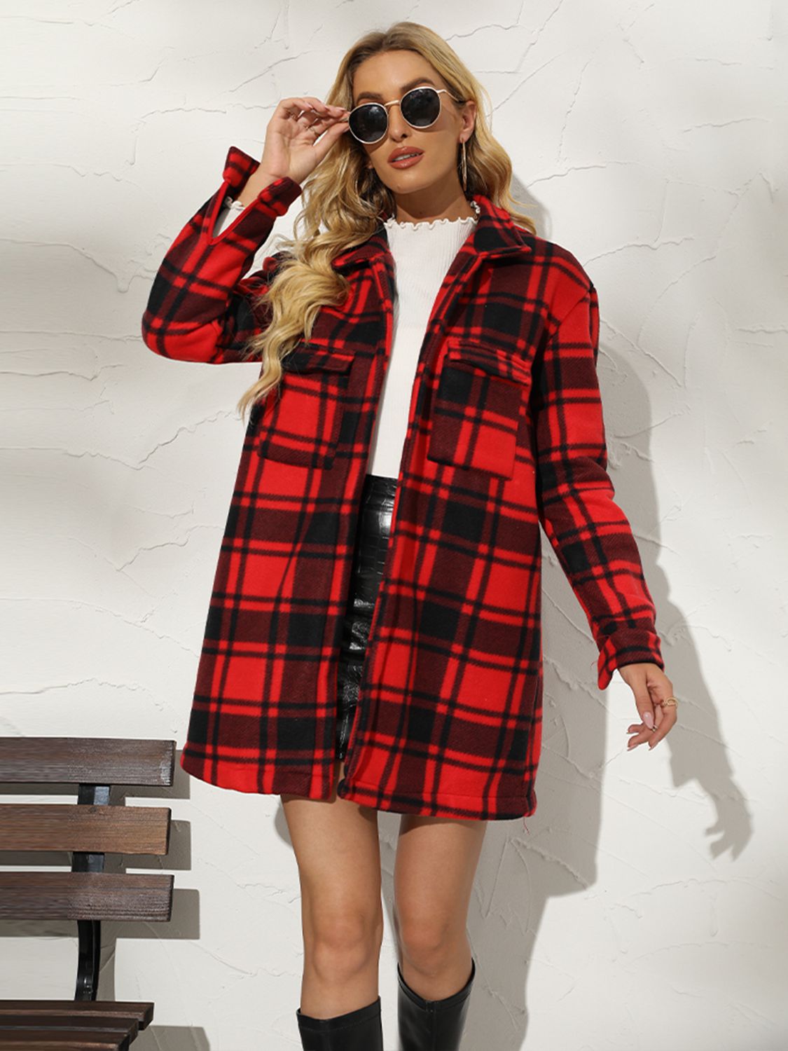 Plaid Collared Longline Coat BLUE ZONE PLANET