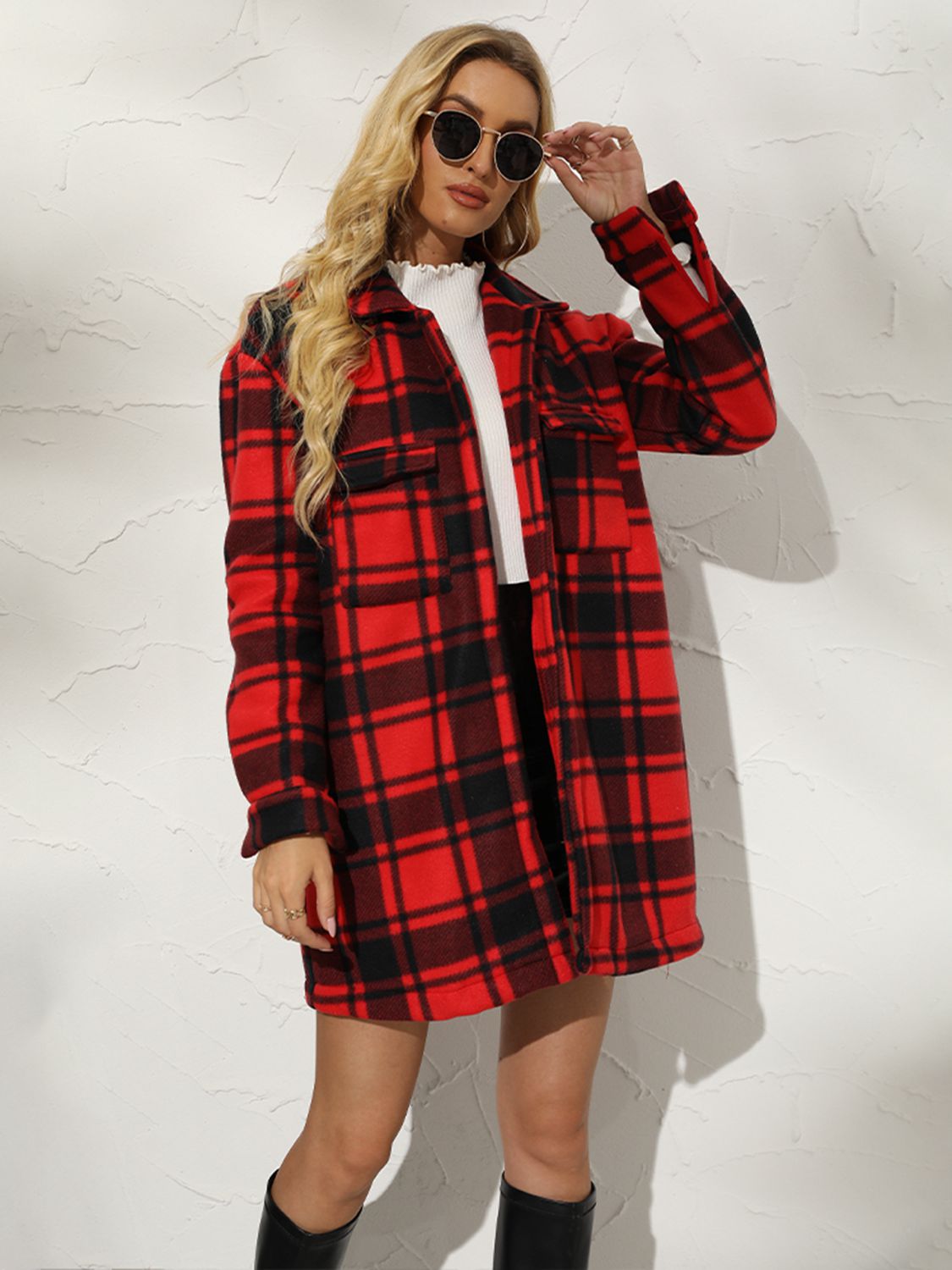 Plaid Collared Longline Coat BLUE ZONE PLANET