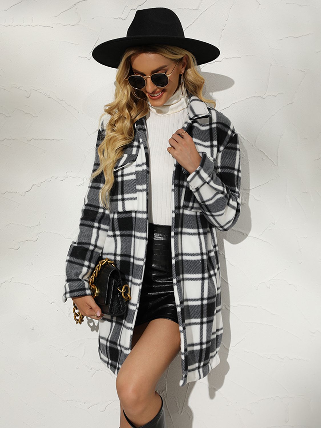 Plaid Collared Longline Coat BLUE ZONE PLANET