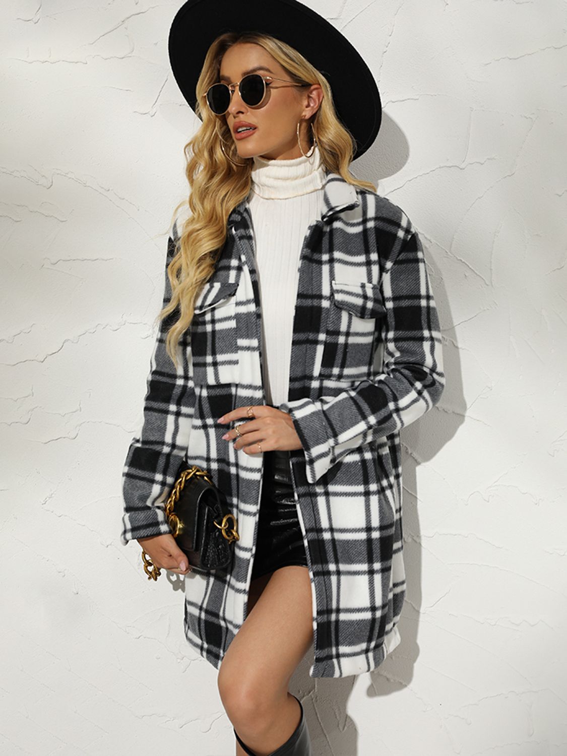 Plaid Collared Longline Coat BLUE ZONE PLANET