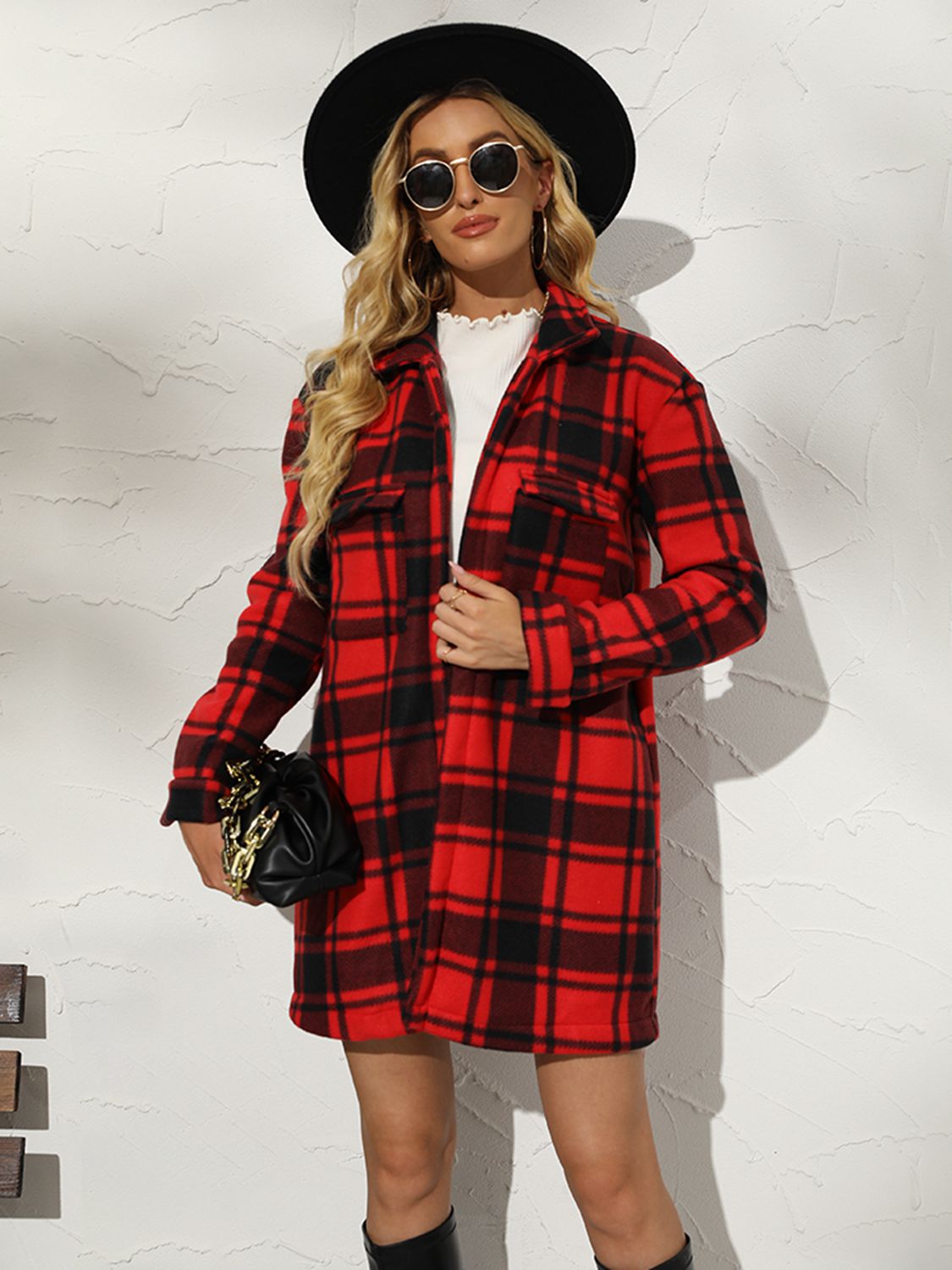 Plaid Collared Longline Coat BLUE ZONE PLANET