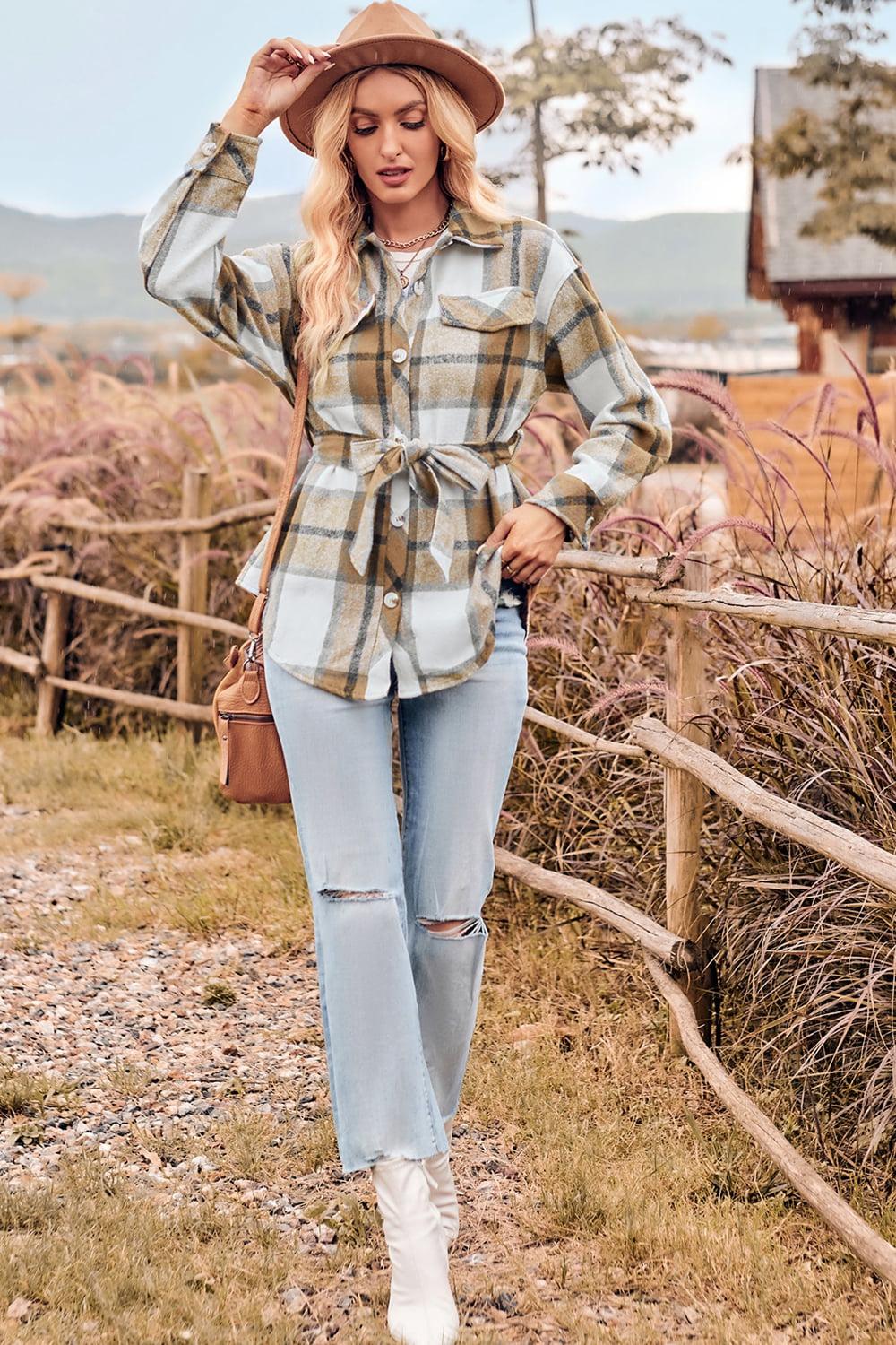 Plaid Collared Neck Bow Front Long Sleeve Jacket BLUE ZONE PLANET