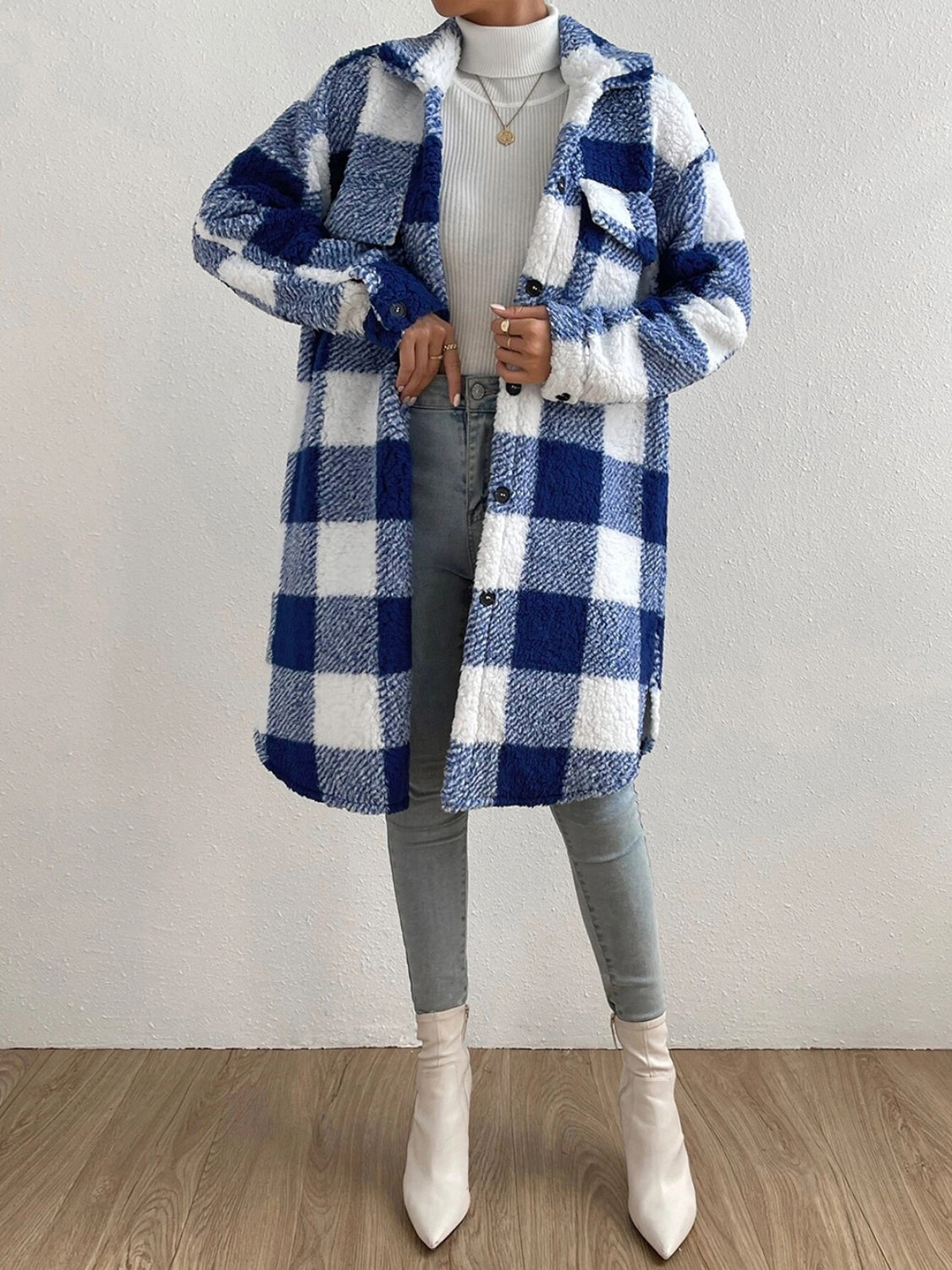 Plaid Collared Neck Button Down Coat BLUE ZONE PLANET