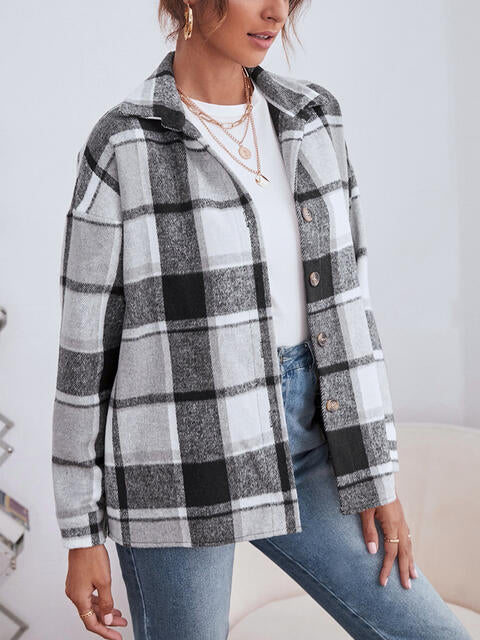 Plaid Collared Neck Button Down Jacket BLUE ZONE PLANET