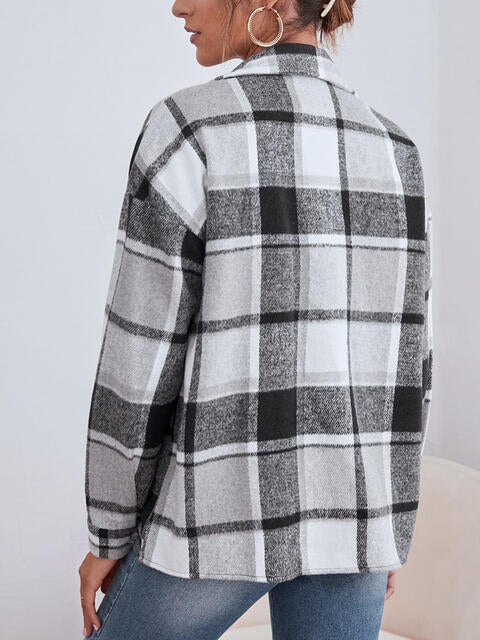 Plaid Collared Neck Button Down Jacket BLUE ZONE PLANET