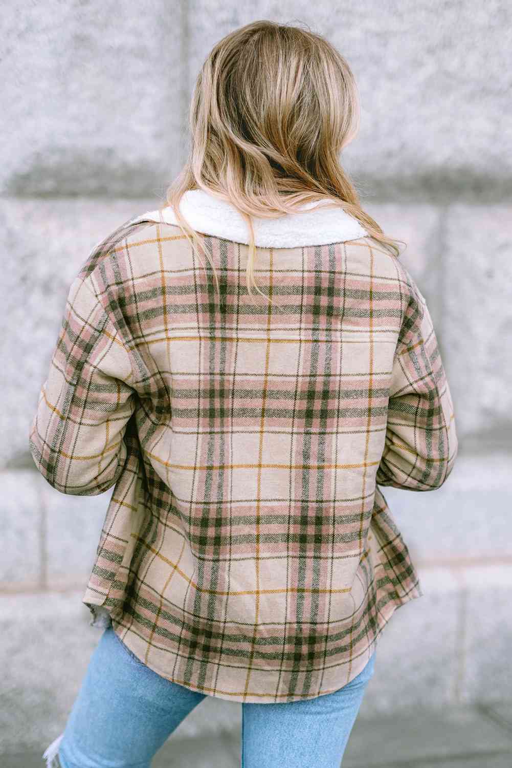 Plaid Collared Neck Button Down Jacket BLUE ZONE PLANET