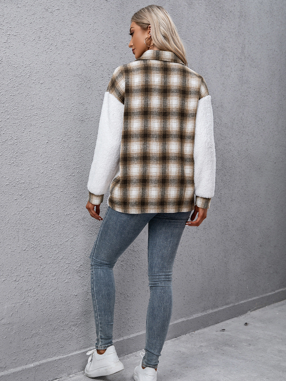 Plaid Collared Neck Button Down Jacket BLUE ZONE PLANET