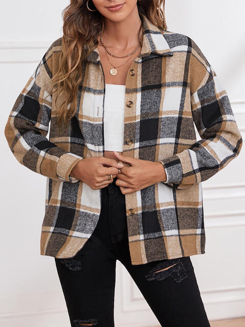 Plaid Collared Neck Button Down Jacket BLUE ZONE PLANET