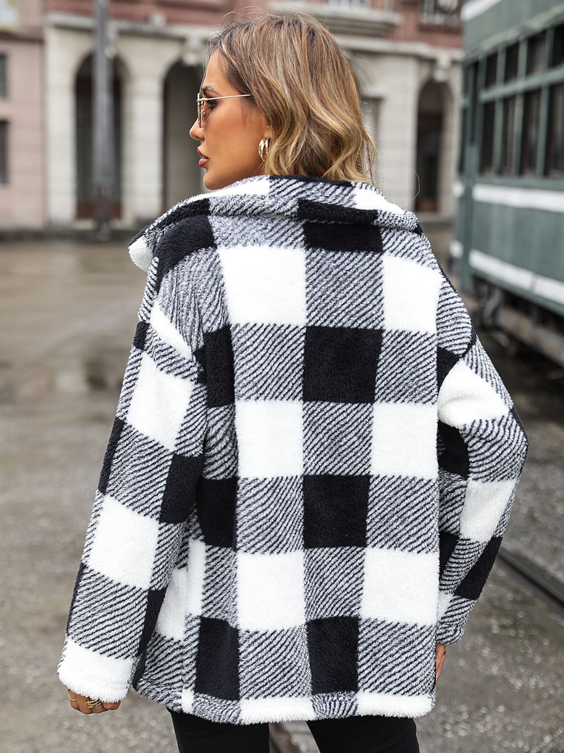 Plaid Collared Neck Button Down Jacket BLUE ZONE PLANET