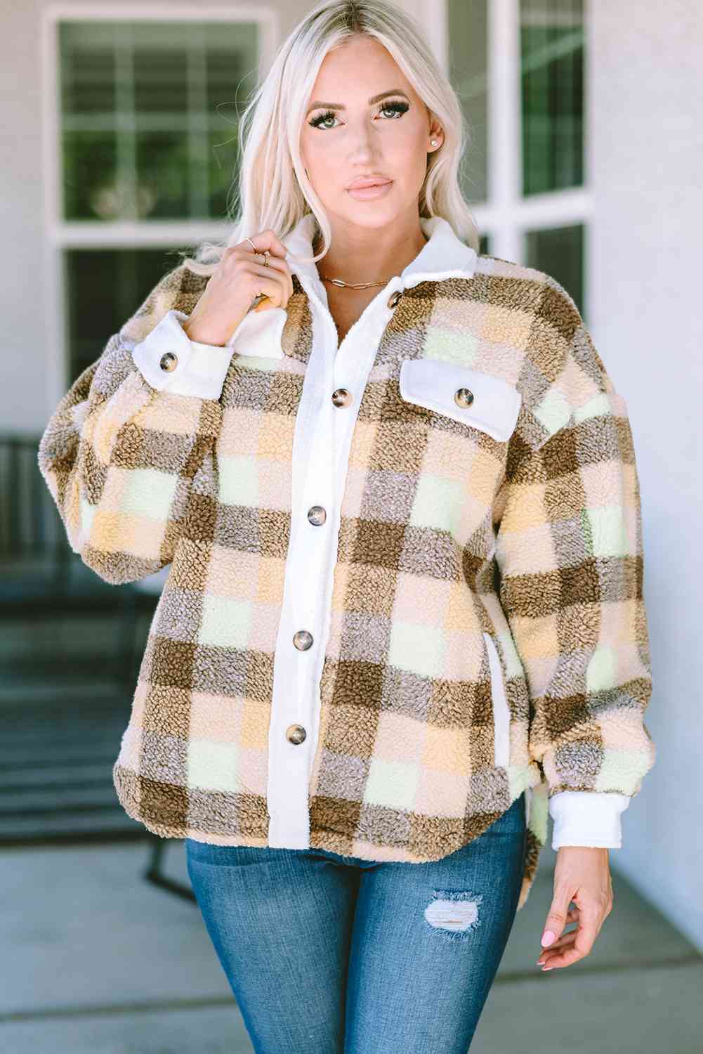 Plaid Collared Neck Button Down Jacket BLUE ZONE PLANET