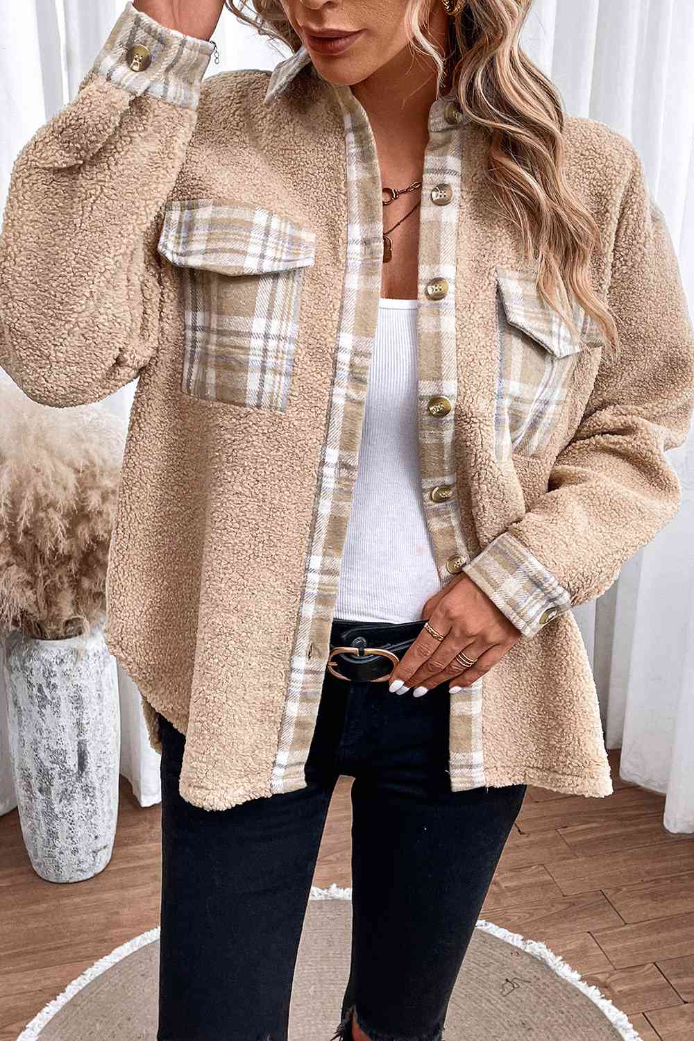 Plaid Collared Neck Button Down Jacket BLUE ZONE PLANET