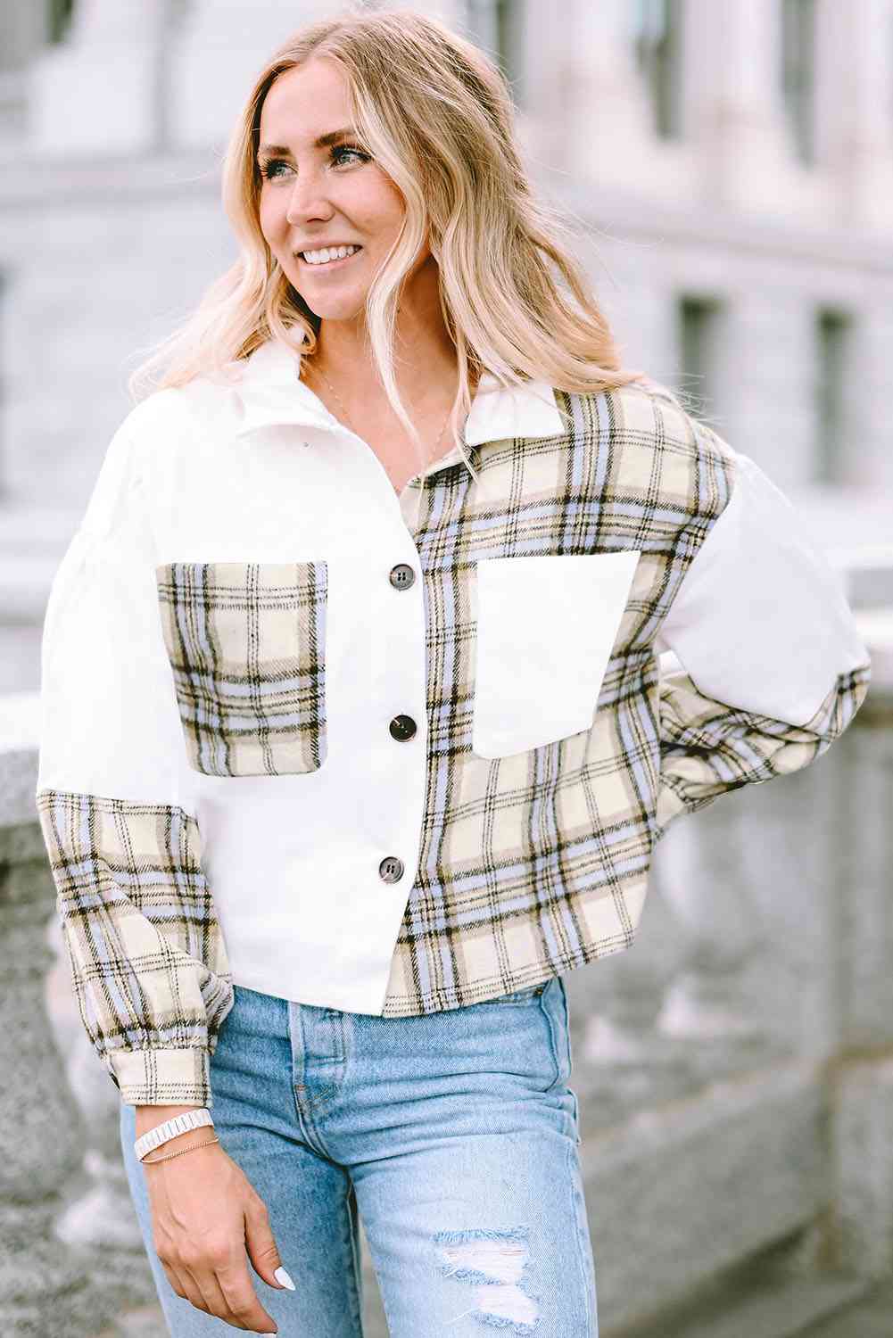 Plaid Collared Neck Button Down Jacket BLUE ZONE PLANET