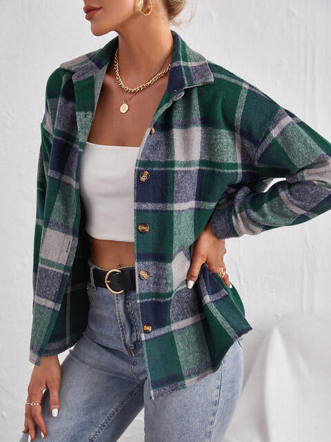 Plaid Collared Neck Button Down Jacket BLUE ZONE PLANET