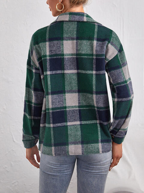 Plaid Collared Neck Button Down Jacket BLUE ZONE PLANET