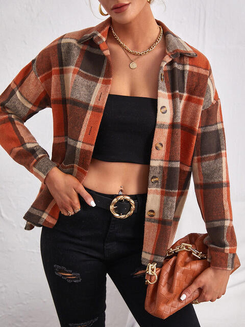 Plaid Collared Neck Button Down Jacket BLUE ZONE PLANET