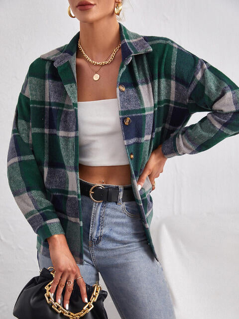 Plaid Collared Neck Button Down Jacket BLUE ZONE PLANET