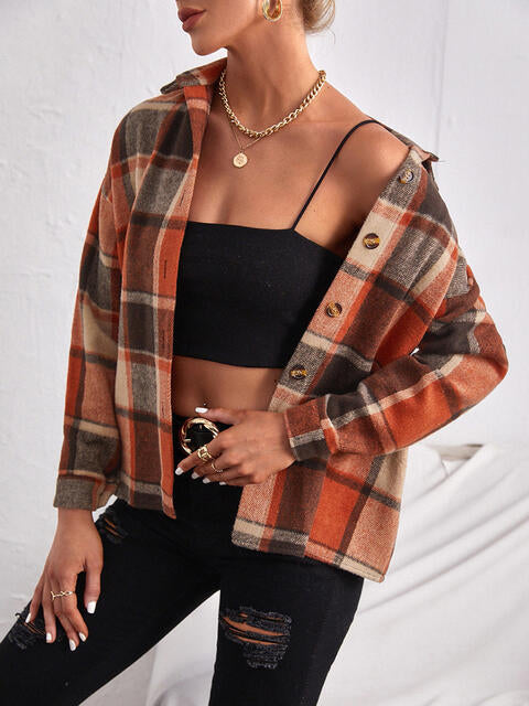 Plaid Collared Neck Button Down Jacket BLUE ZONE PLANET