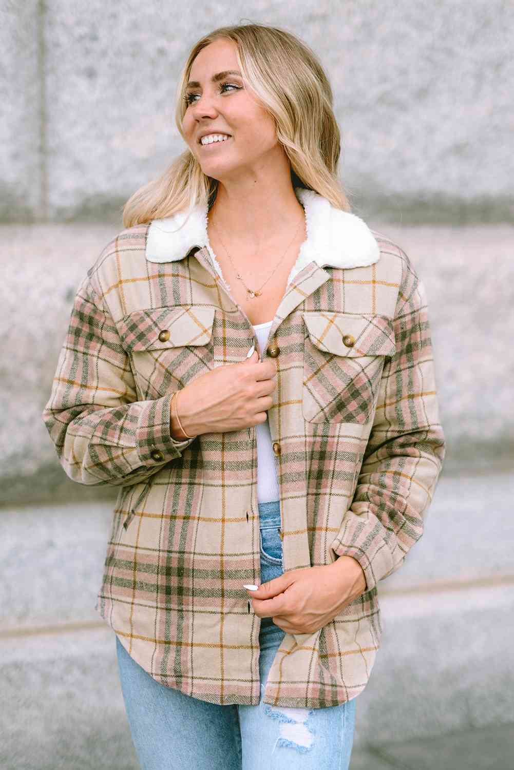 Plaid Collared Neck Button Down Jacket BLUE ZONE PLANET