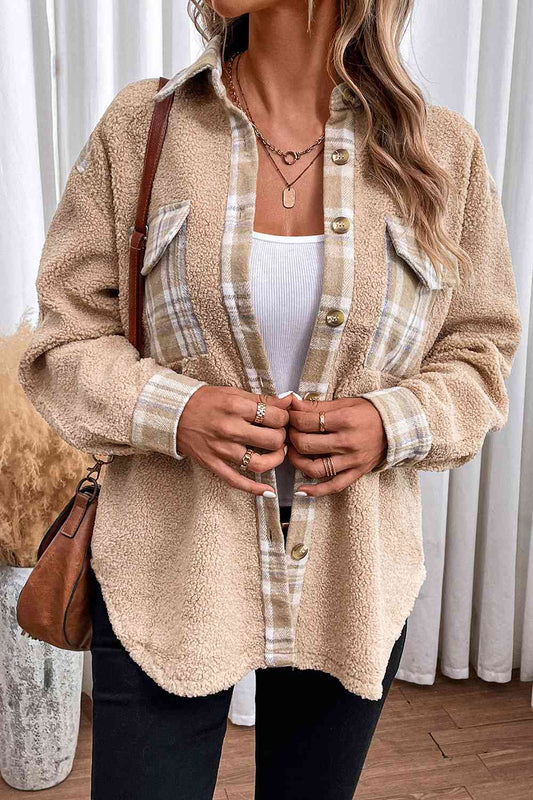 Plaid Collared Neck Button Down Jacket BLUE ZONE PLANET