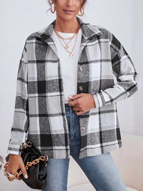 Plaid Collared Neck Button Down Jacket BLUE ZONE PLANET