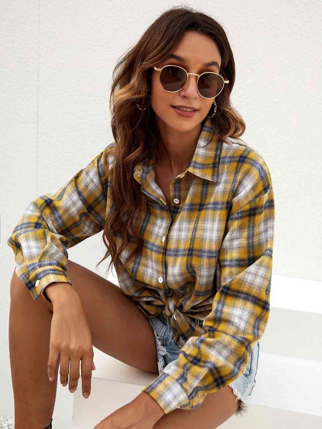 Plaid Collared Neck Button Down Shirt BLUE ZONE PLANET