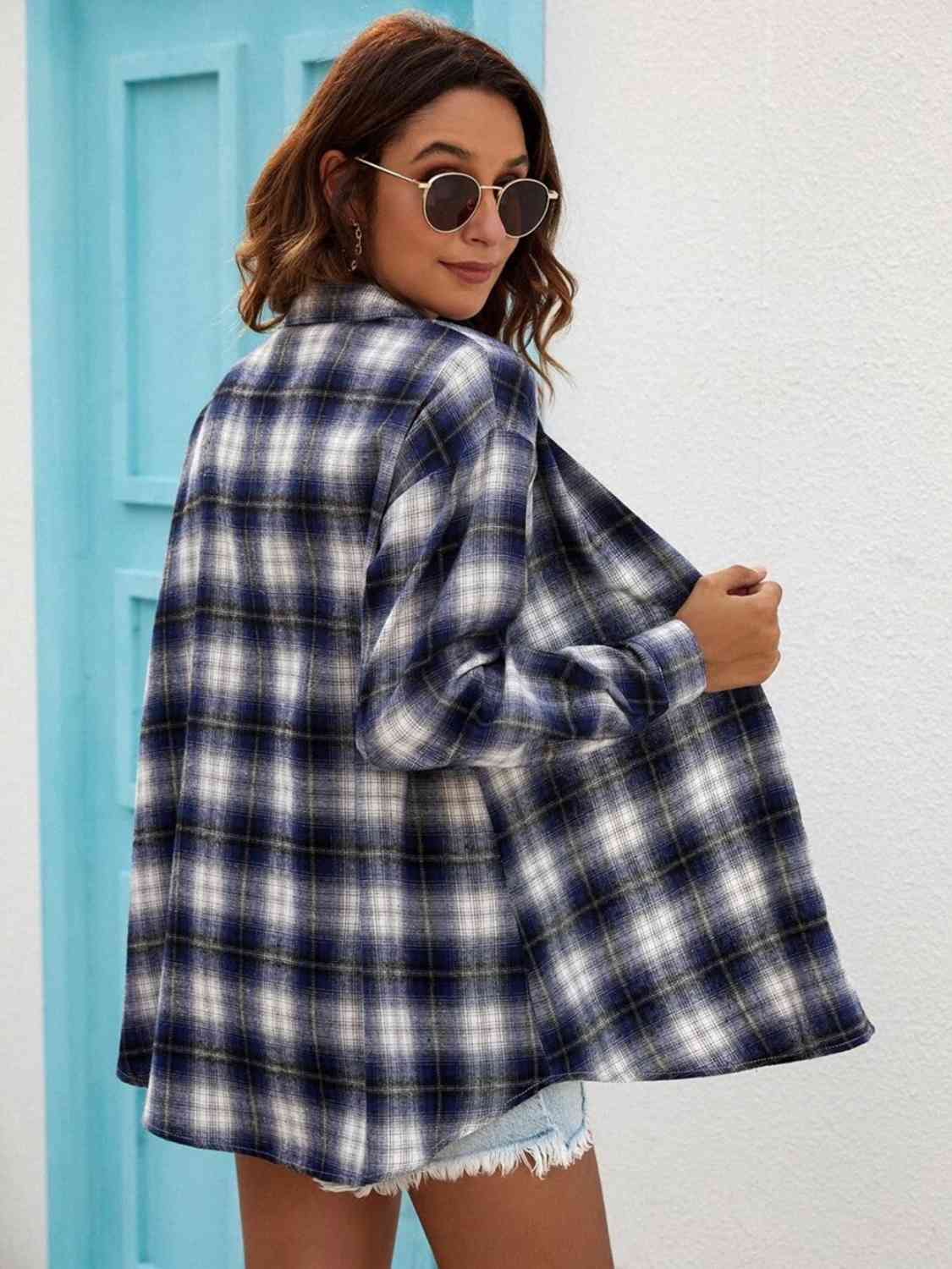 Plaid Collared Neck Button Down Shirt BLUE ZONE PLANET