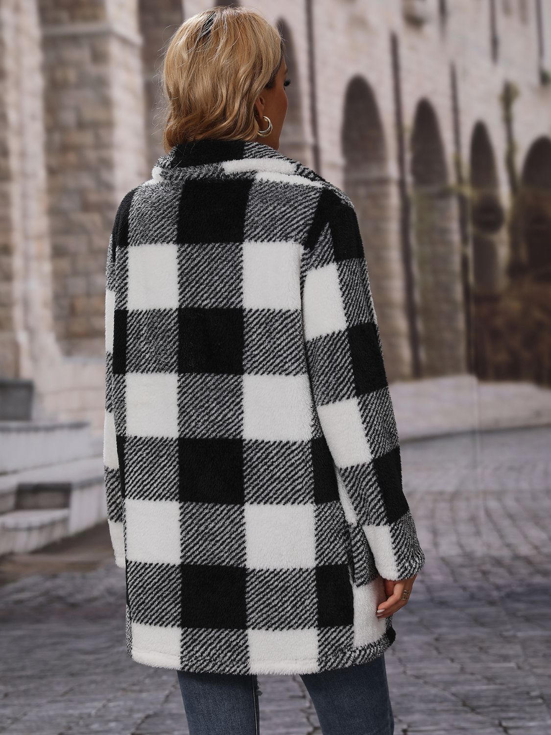 Plaid Collared Neck Coat with Pockets BLUE ZONE PLANET