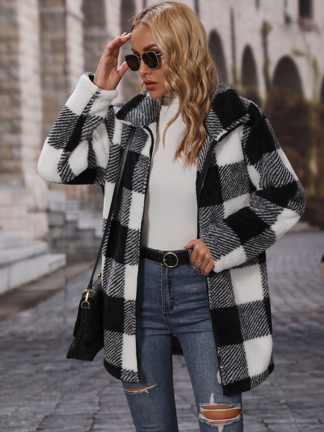 Plaid Collared Neck Coat with Pockets BLUE ZONE PLANET