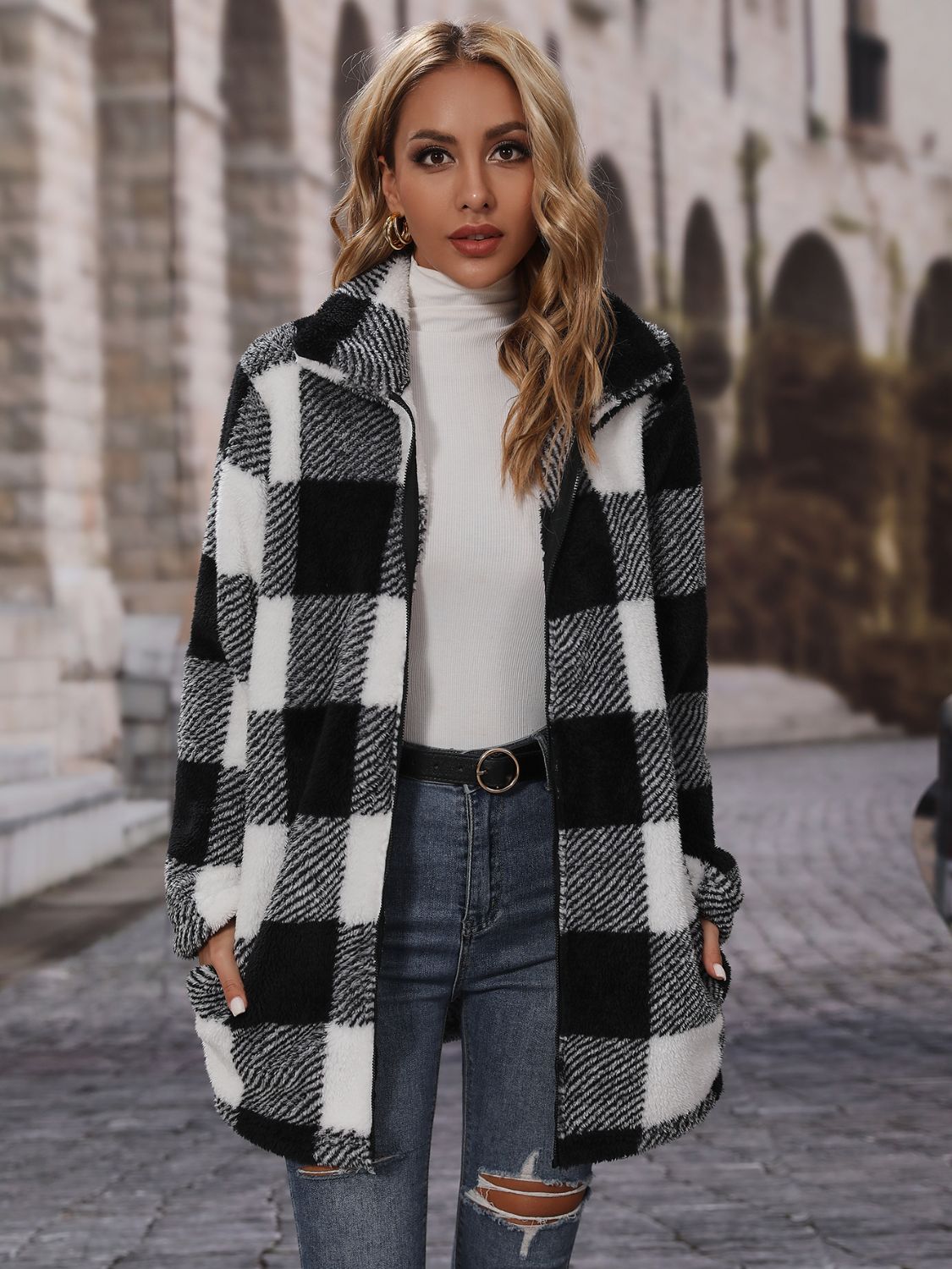 Plaid Collared Neck Coat with Pockets BLUE ZONE PLANET