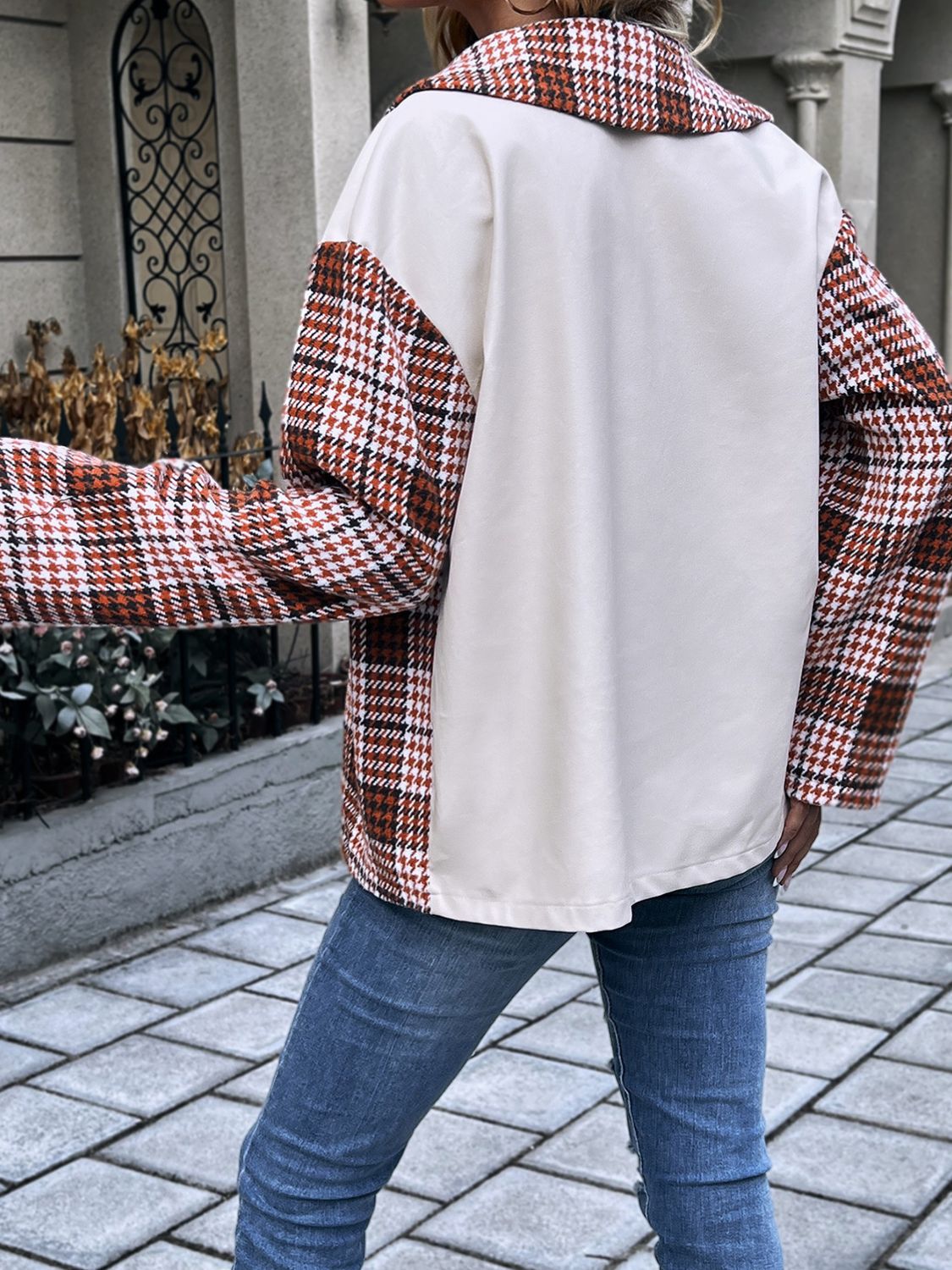 Plaid Collared Neck Drop Shoulder Jacket BLUE ZONE PLANET