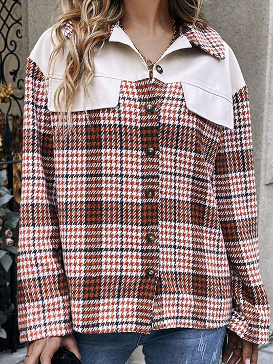 Plaid Collared Neck Drop Shoulder Jacket BLUE ZONE PLANET