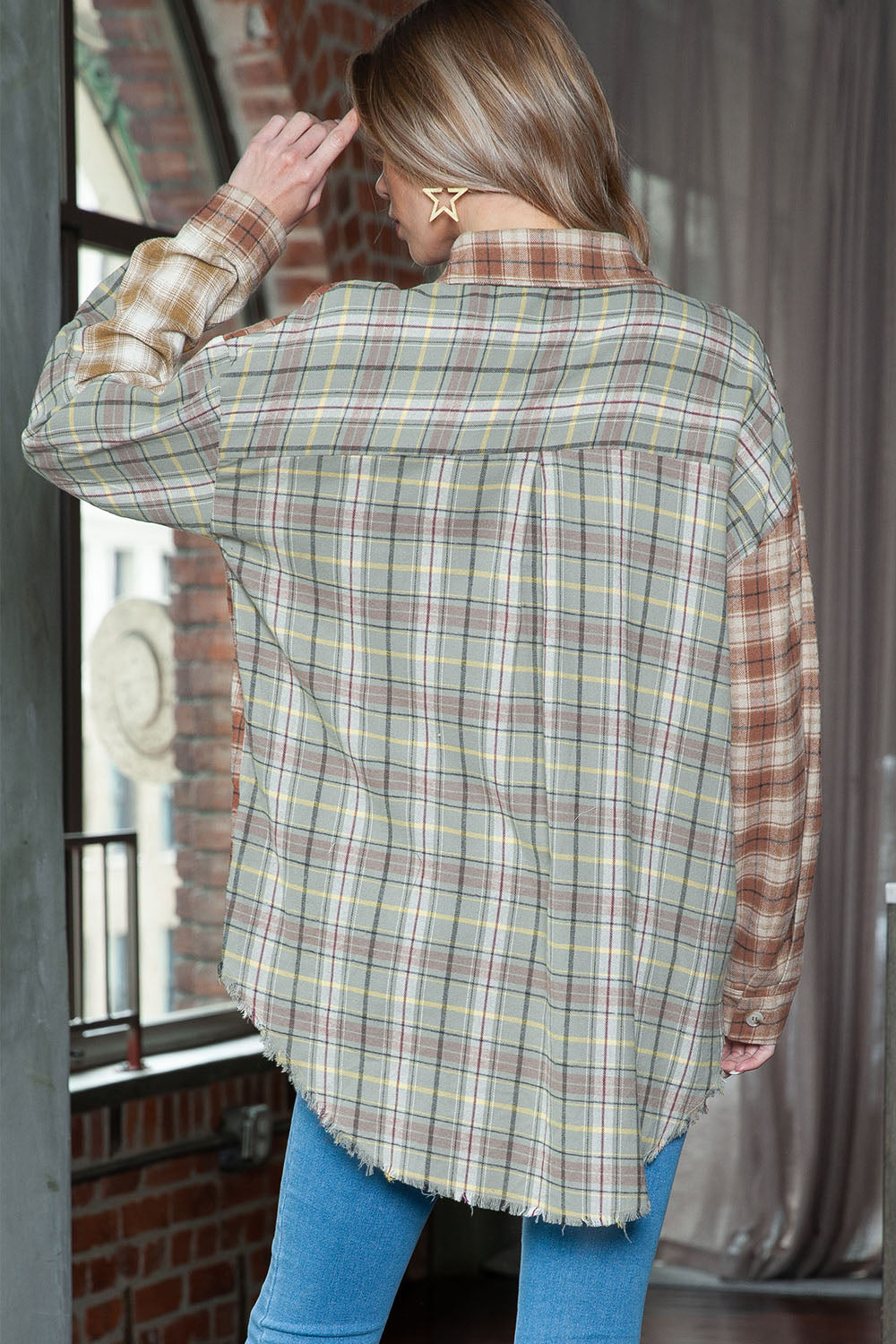 Plaid Collared Neck Long Sleeve Shirt BLUE ZONE PLANET