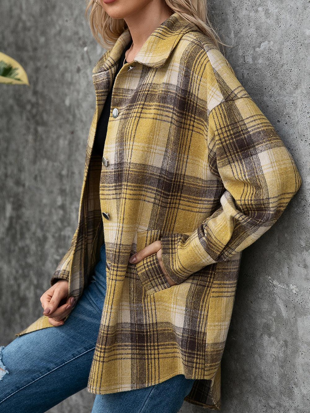 Plaid Collared Neck Long Sleeve Shirt BLUE ZONE PLANET