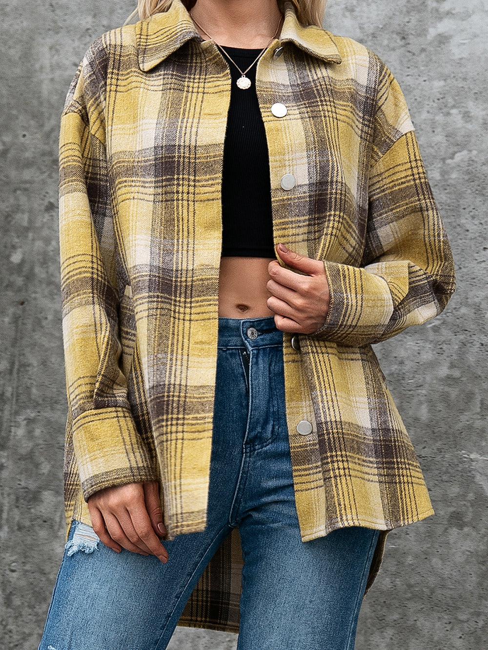 Plaid Collared Neck Long Sleeve Shirt BLUE ZONE PLANET