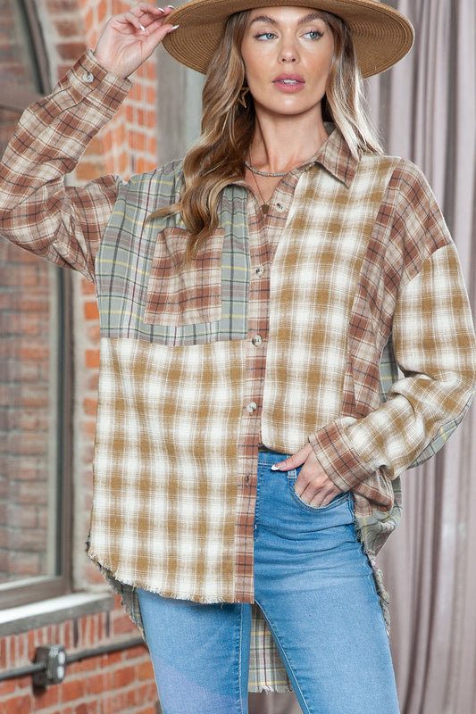 Plaid Collared Neck Long Sleeve Shirt BLUE ZONE PLANET
