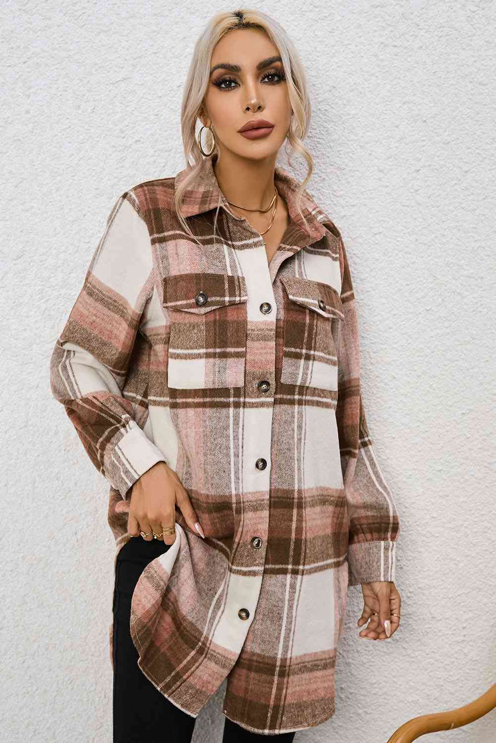 Plaid Collared Neck Longline Jacket BLUE ZONE PLANET