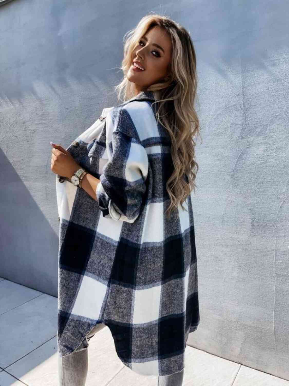 Plaid Collared Neck Longline Shirt BLUE ZONE PLANET